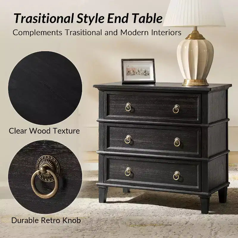 28W 3-Drawer Solid Wood End Table with Built-in Charging Station