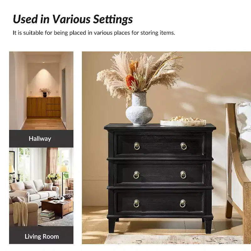 28W 3-Drawer Solid Wood End Table with Built-in Charging Station
