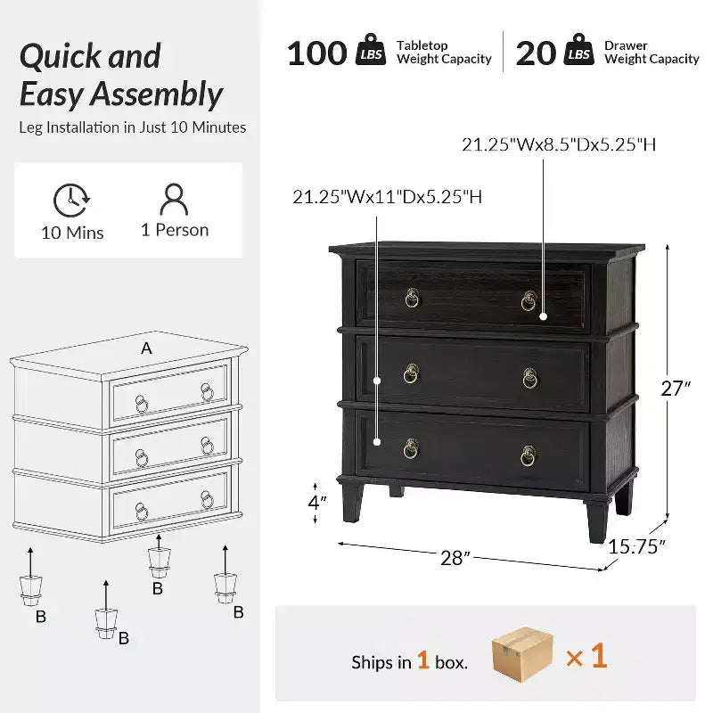 28W 3-Drawer Solid Wood End Table with Built-in Charging Station