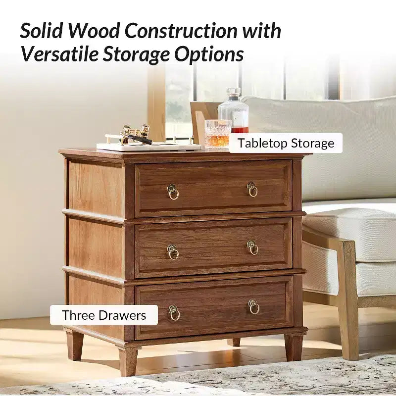 28W 3-Drawer Solid Wood End Table with Built-in Charging Station