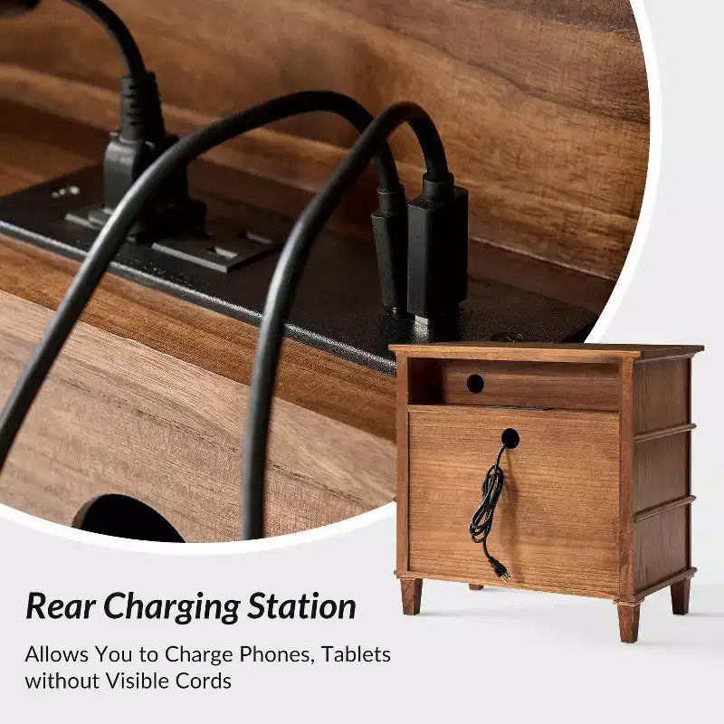 28W 3-Drawer Solid Wood End Table with Built-in Charging Station