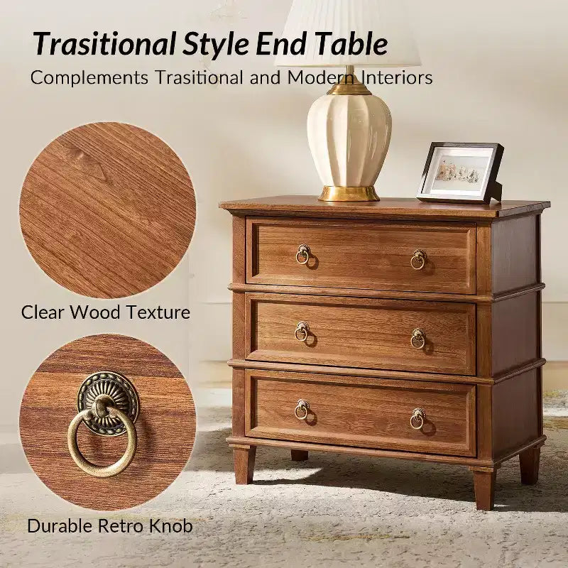 28W 3-Drawer Solid Wood End Table with Built-in Charging Station