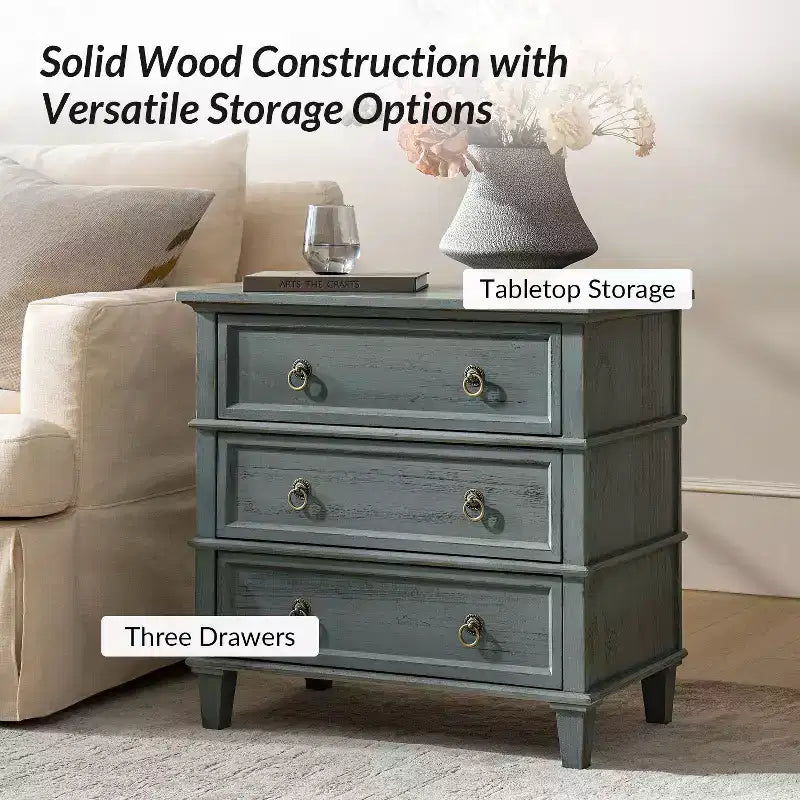 28W 3-Drawer Solid Wood End Table with Built-in Charging Station