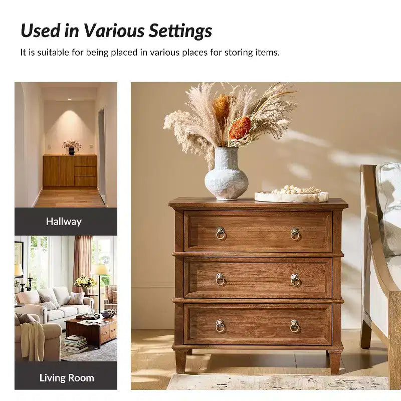 28W 3-Drawer Solid Wood End Table with Built-in Charging Station