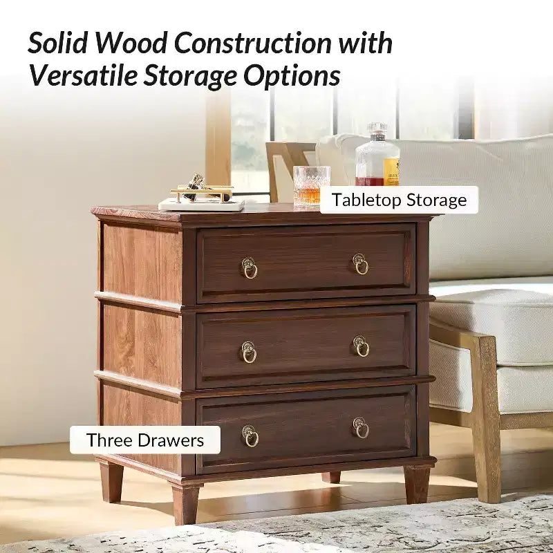 28W 3-Drawer Solid Wood End Table with Built-in Charging Station
