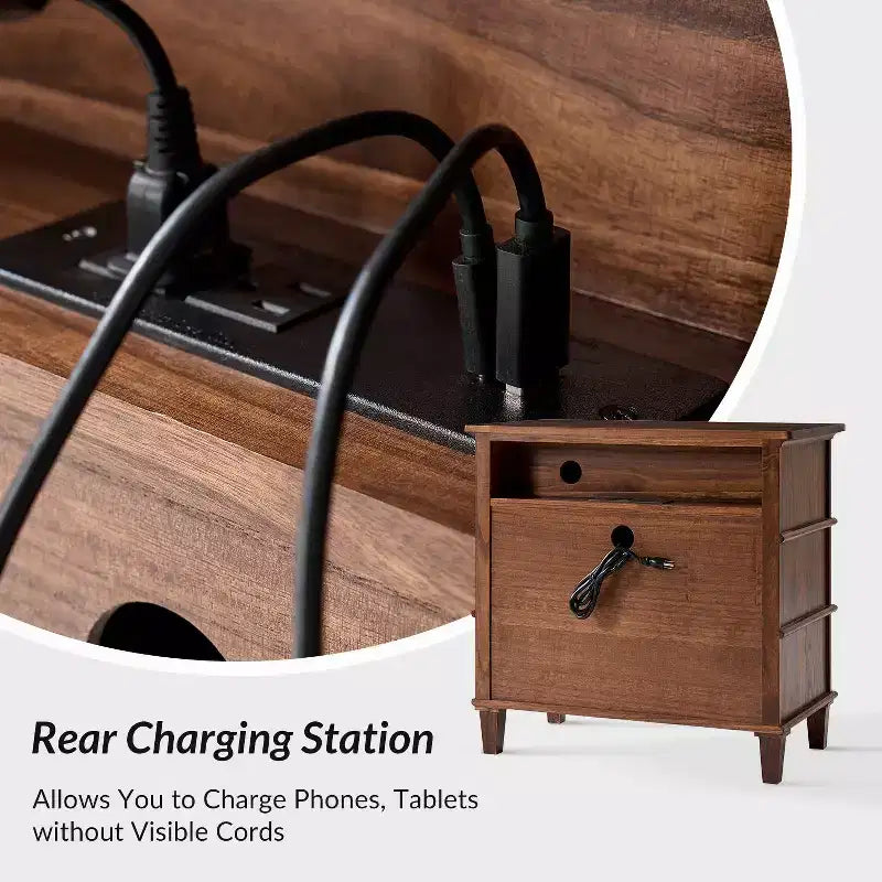 28W 3-Drawer Solid Wood End Table with Built-in Charging Station