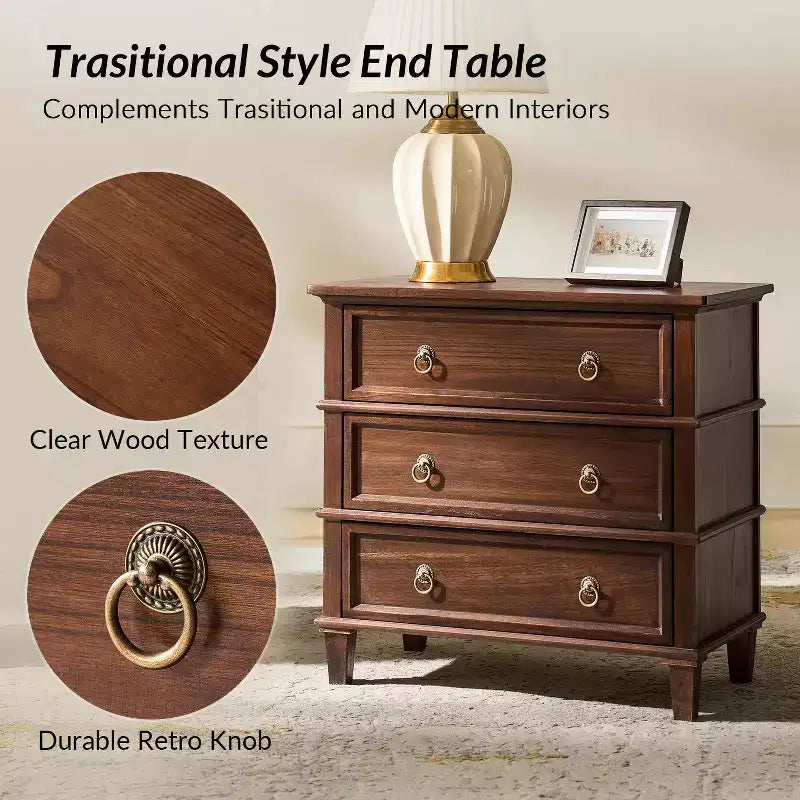 28W 3-Drawer Solid Wood End Table with Built-in Charging Station