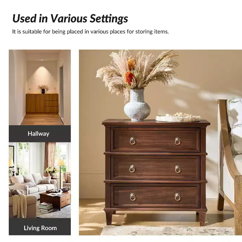 28W 3-Drawer Solid Wood End Table with Built-in Charging Station
