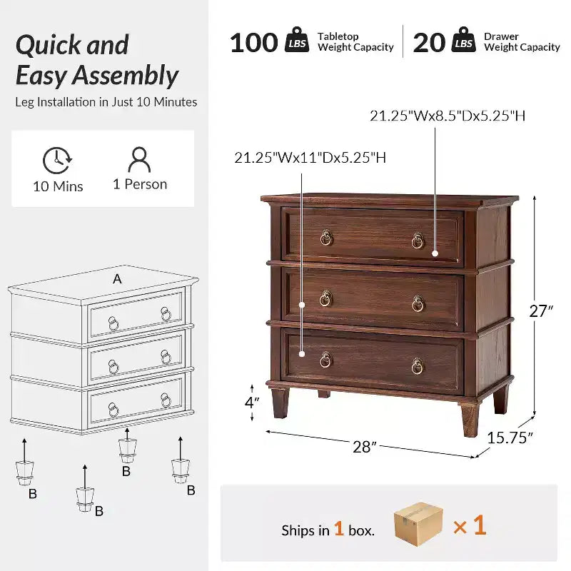28W 3-Drawer Solid Wood End Table with Built-in Charging Station