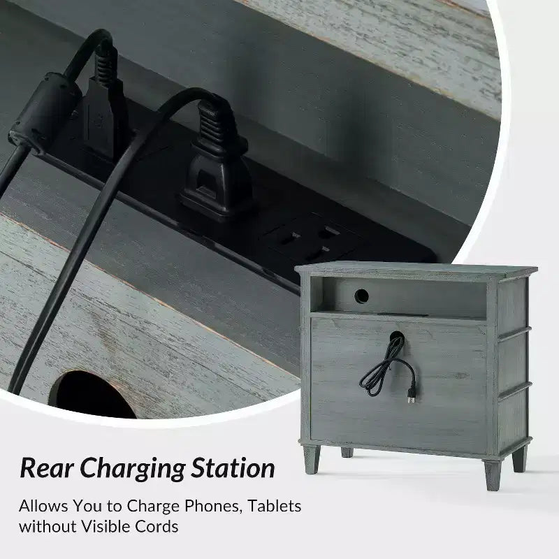 28W 3-Drawer Solid Wood End Table with Built-in Charging Station
