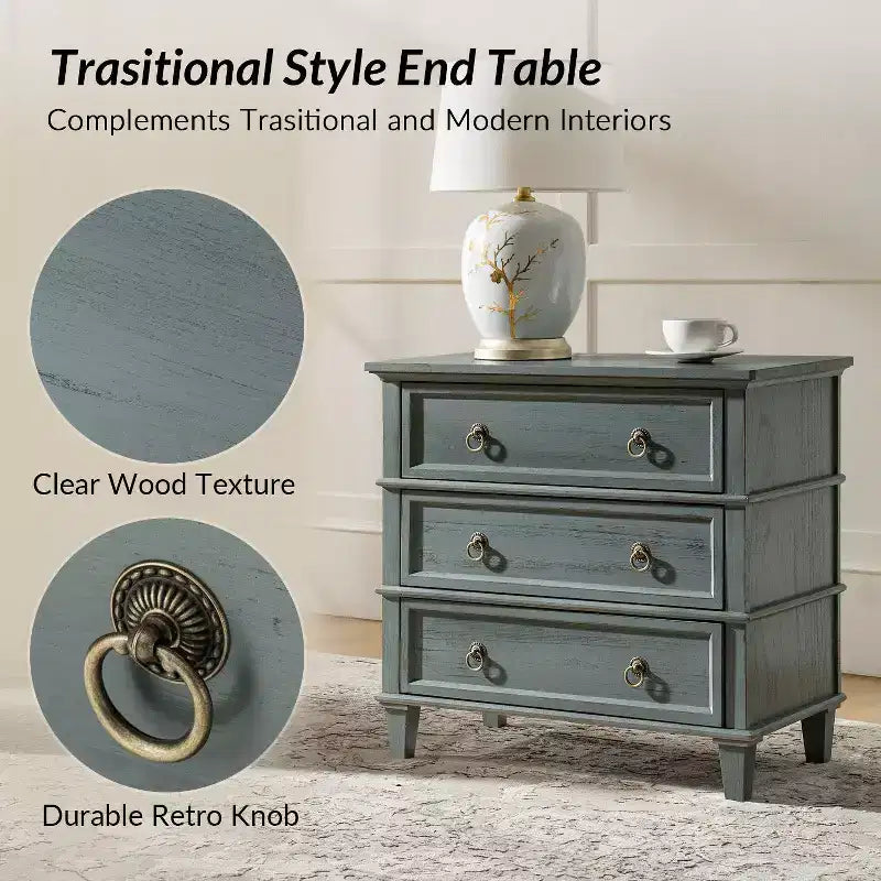 28W 3-Drawer Solid Wood End Table with Built-in Charging Station