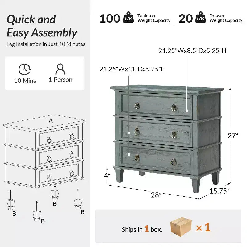 28W 3-Drawer Solid Wood End Table with Built-in Charging Station