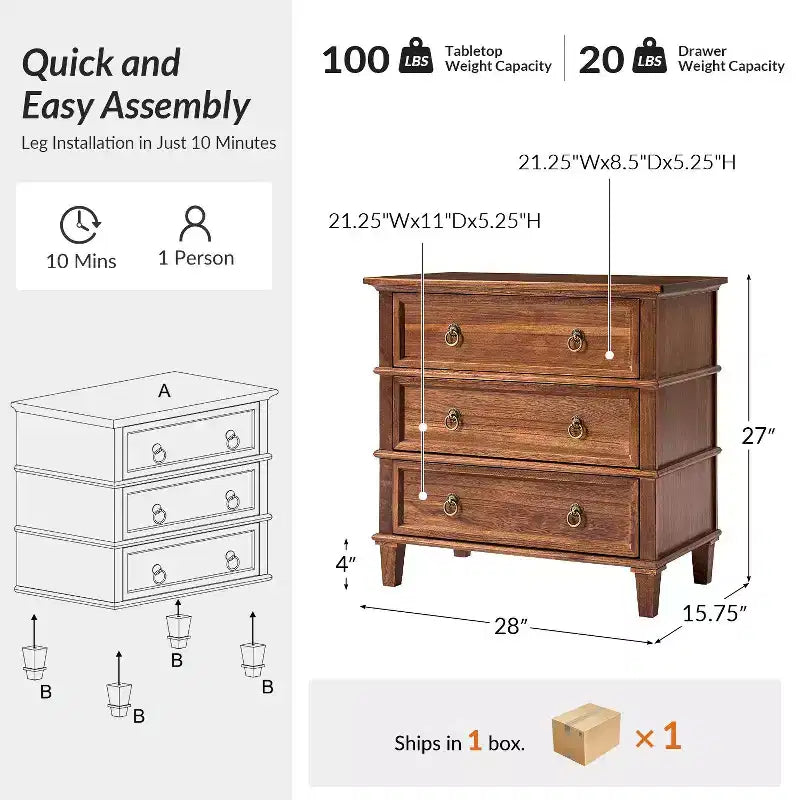 28W 3-Drawer Solid Wood End Table with Built-in Charging Station