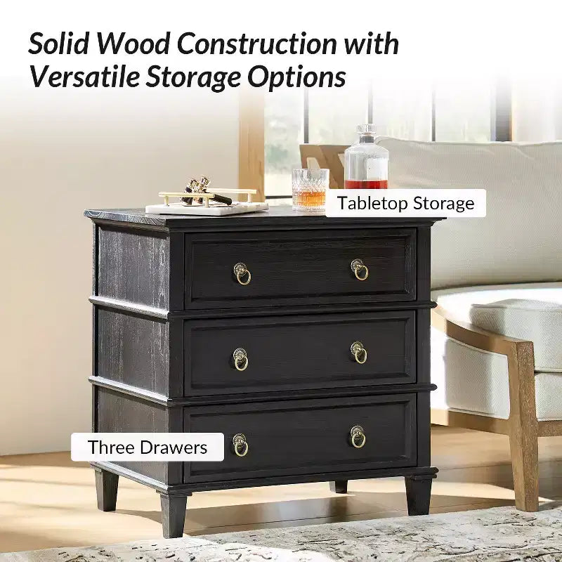 28W 3-Drawer Solid Wood End Table with Built-in Charging Station
