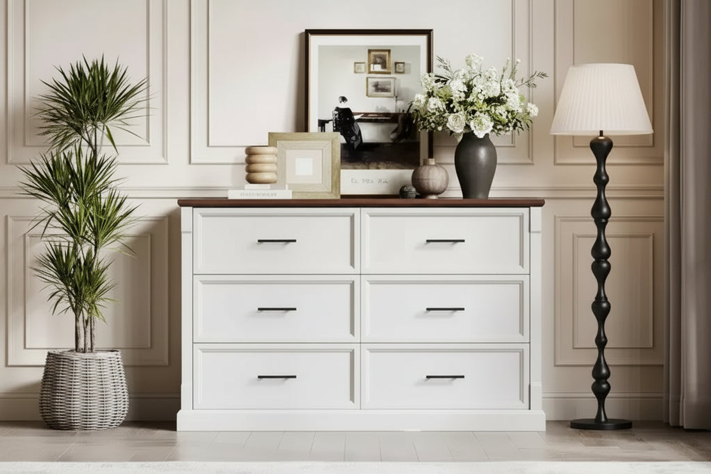 White 6 Drawer Dresser for Bedroom  Farmhouse Chest of Drawers w/Metal Handles, Rustic Wood Storage Organizer for Living Room & Hallway