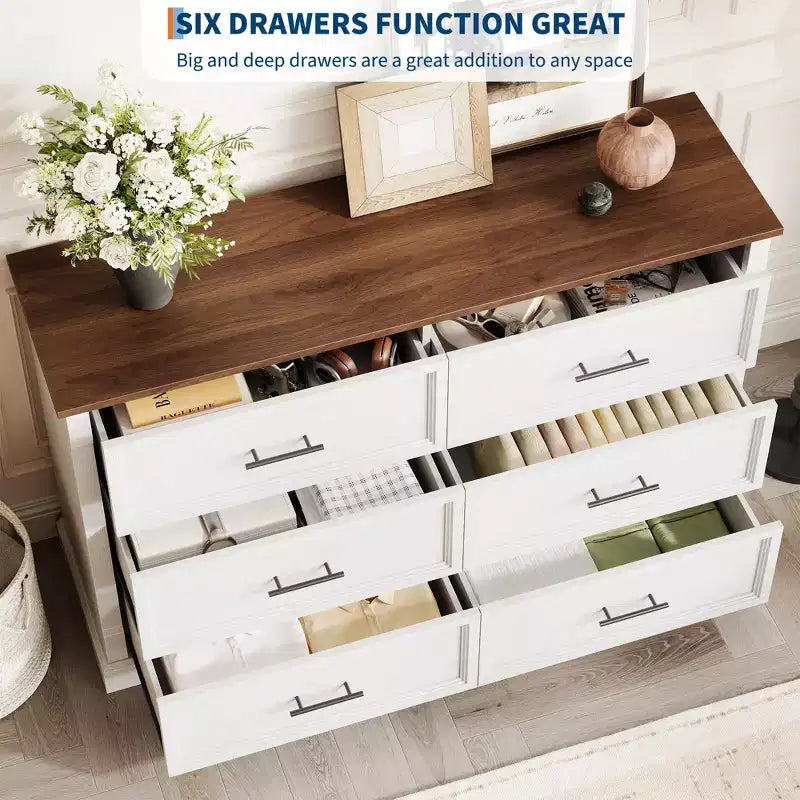White 6 Drawer Dresser for Bedroom Farmhouse Chest of Drawers w/Metal Handles, Rustic Wood Storage Organizer for Living Room & Hallway