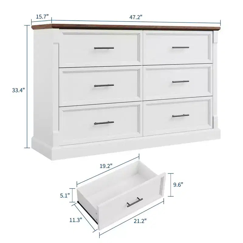 Comò bianco a 6 cassetti per camera da letto, cassettiera stile rustico con maniglie in metallo, mobile contenitore rustico in legno per soggiorno e corridoio