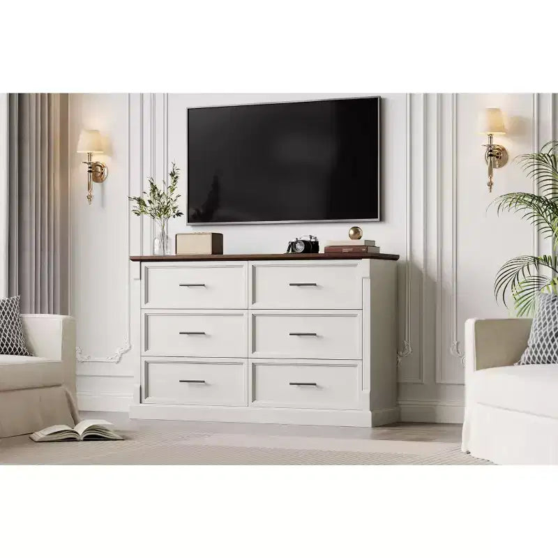 White 6 Drawer Dresser for Bedroom Farmhouse Chest of Drawers w/Metal Handles, Rustic Wood Storage Organizer for Living Room & Hallway