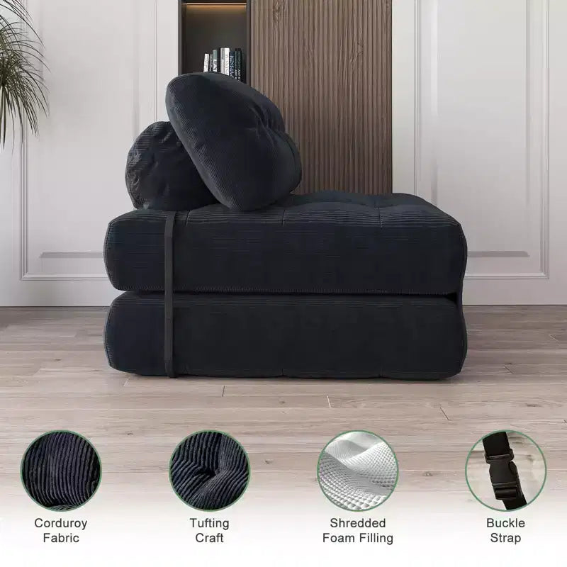 Folding Floor Sofa Bed, Corduroy Convertible Sleeper Couch with Pillow & Back Support, Portable Fold Out Futon Mattress for Living Room, Black