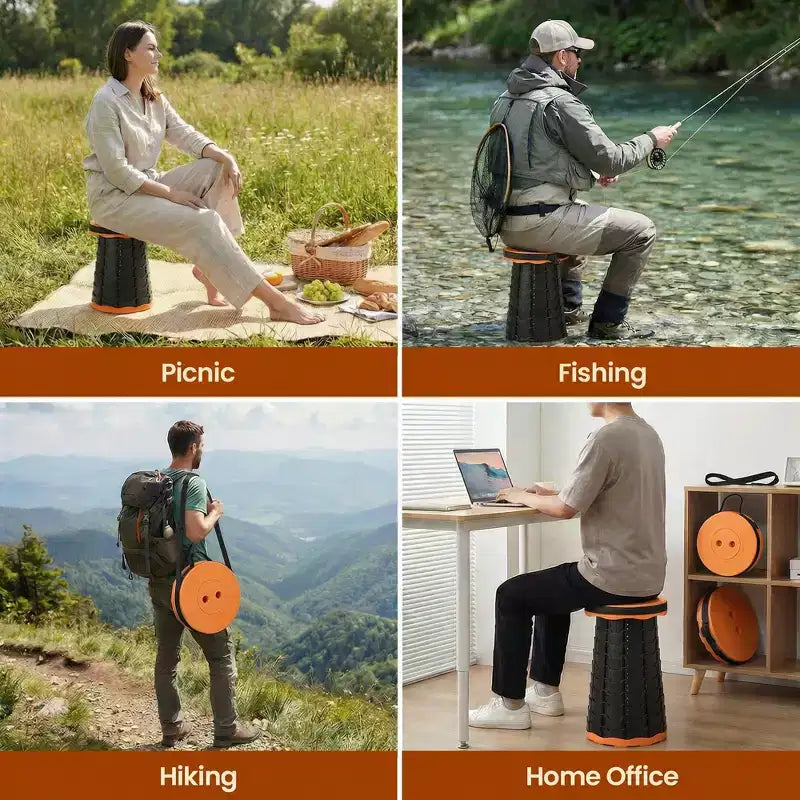 Collapsible Stool, Telescopic Adjustable Round Seat for Fishing Hiking Travel and Outdoor Events with Compact Cylindrical Extendable Design