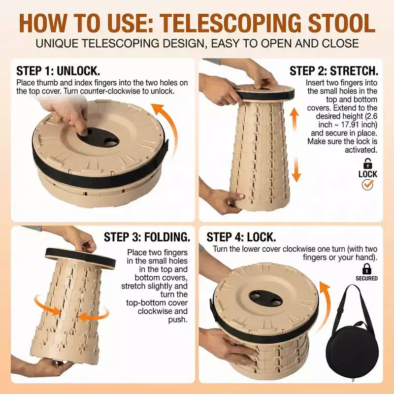 Collapsible Stool, Telescopic Adjustable Round Seat for Fishing Hiking Travel and Outdoor Events with Compact Cylindrical Extendable Design