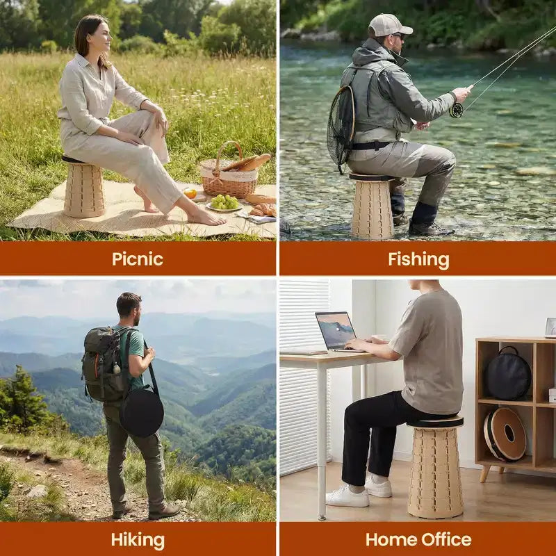 Collapsible Stool, Telescopic Adjustable Round Seat for Fishing Hiking Travel and Outdoor Events with Compact Cylindrical Extendable Design