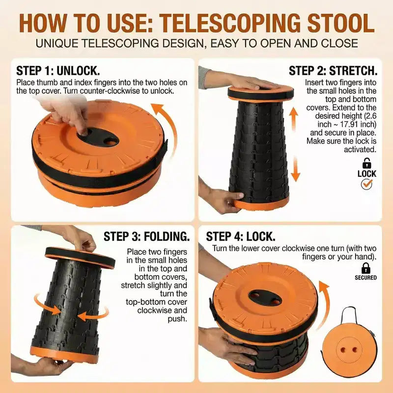 Collapsible Stool, Telescopic Adjustable Round Seat for Fishing Hiking Travel and Outdoor Events with Compact Cylindrical Extendable Design