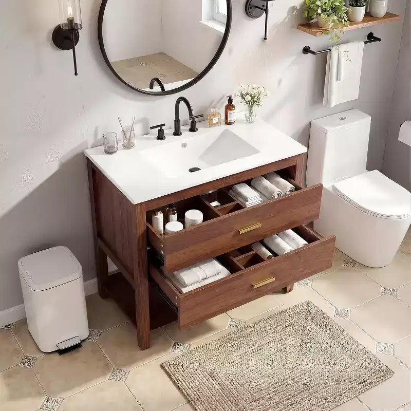 30 Farmhouse Bathroom Vanity with Sink, Wood Bath Storage Cabinet Featuring 2 Drawers & Open Shelf