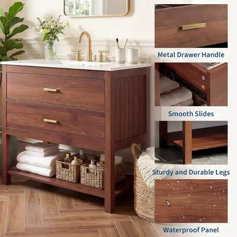 30 Farmhouse Bathroom Vanity with Sink, Wood Bath Storage Cabinet Featuring 2 Drawers & Open Shelf