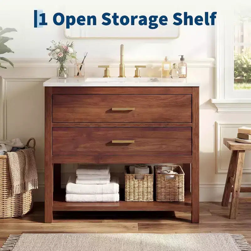 30 Farmhouse Bathroom Vanity with Sink, Wood Bath Storage Cabinet Featuring 2 Drawers & Open Shelf