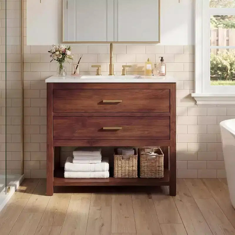 30 Farmhouse Bathroom Vanity with Sink, Wood Bath Storage Cabinet Featuring 2 Drawers & Open Shelf