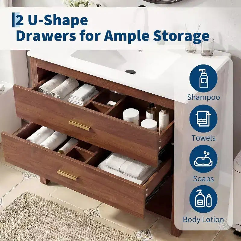 30 Farmhouse Bathroom Vanity with Sink, Wood Bath Storage Cabinet Featuring 2 Drawers & Open Shelf