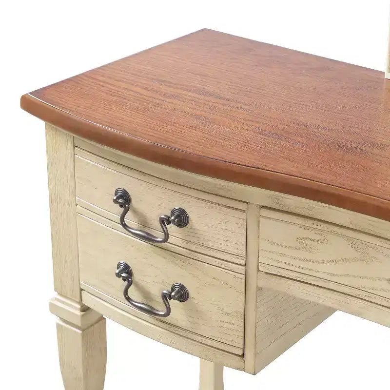 Toeletta Vintage da 46 Pollici con Specchio, 5 Cassetti, Sgabello Abbinato per Camera da Letto, Finitura Noce, Design Salvaspazio