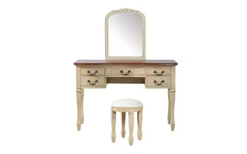 Toeletta Vintage da 46 Pollici con Specchio, 5 Cassetti, Sgabello Abbinato per Camera da Letto, Finitura Noce, Design Salvaspazio