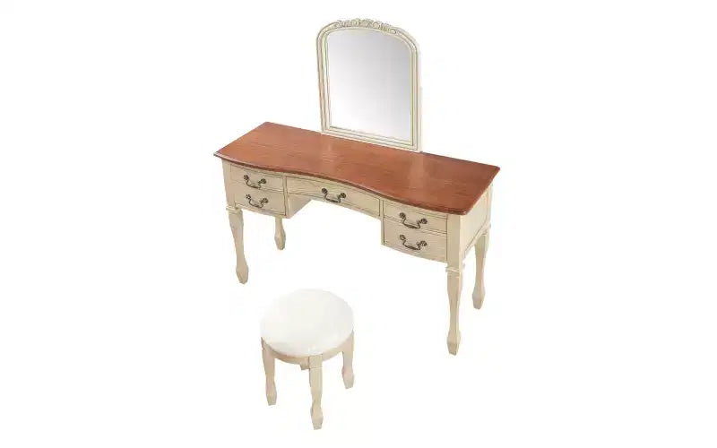 Toeletta Vintage da 46 Pollici con Specchio, 5 Cassetti, Sgabello Abbinato per Camera da Letto, Finitura Noce, Design Salvaspazio