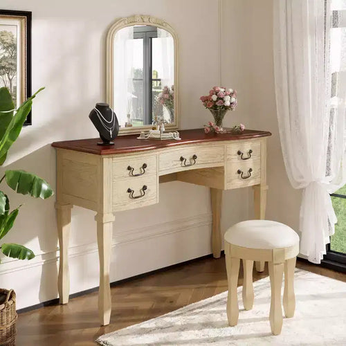 Toeletta Vintage da 46 Pollici con Specchio, 5 Cassetti, Sgabello Abbinato per Camera da Letto, Finitura Noce, Design Salvaspazio