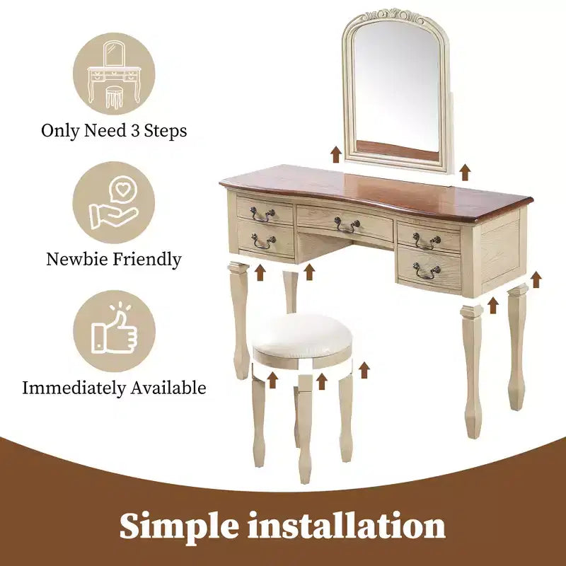 Toeletta Vintage da 46 Pollici con Specchio, 5 Cassetti, Sgabello Abbinato per Camera da Letto, Finitura Noce, Design Salvaspazio