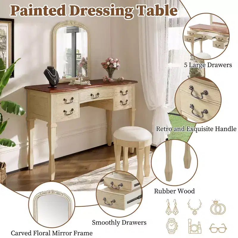 46-Inch Vintage Makeup Vanity Desk with Mirror, 5 Drawers, Matching Stool for Bedroom, Walnut Finish, Space-Saving Design