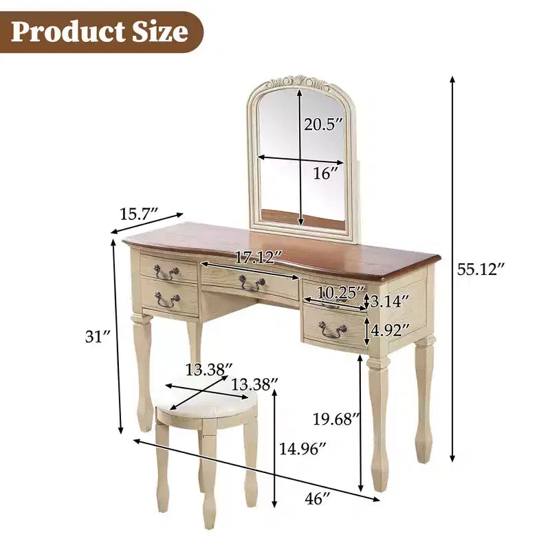 Toeletta Vintage da 46 Pollici con Specchio, 5 Cassetti, Sgabello Abbinato per Camera da Letto, Finitura Noce, Design Salvaspazio