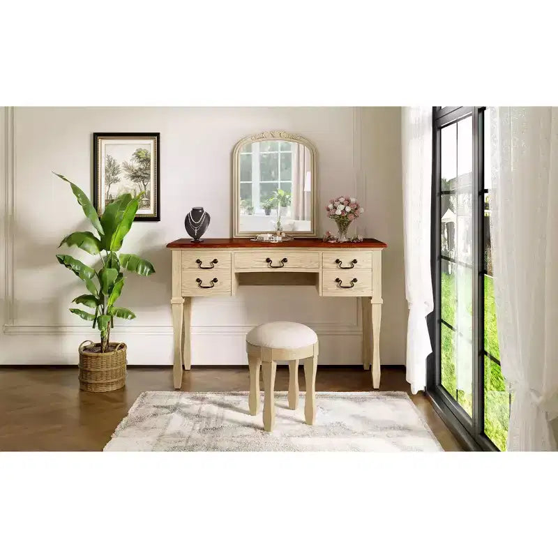 Toeletta Vintage da 46 Pollici con Specchio, 5 Cassetti, Sgabello Abbinato per Camera da Letto, Finitura Noce, Design Salvaspazio