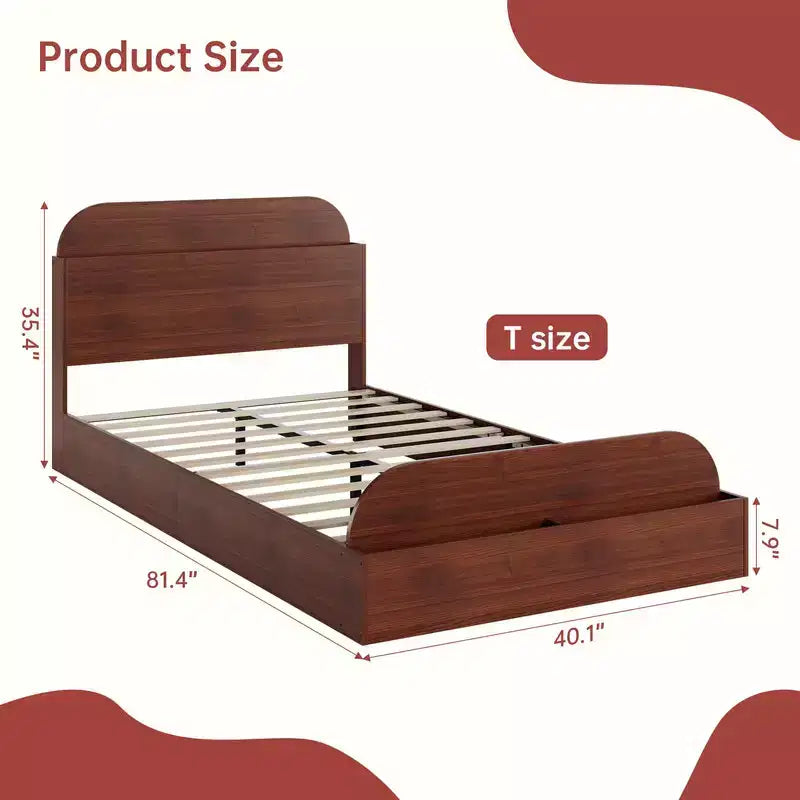 Twin XL Size Bed Frame, Wooden Beds with Storage Headboard and Raised-Footboard, Twin XL-Floor Low Platform Bed for Bedroom