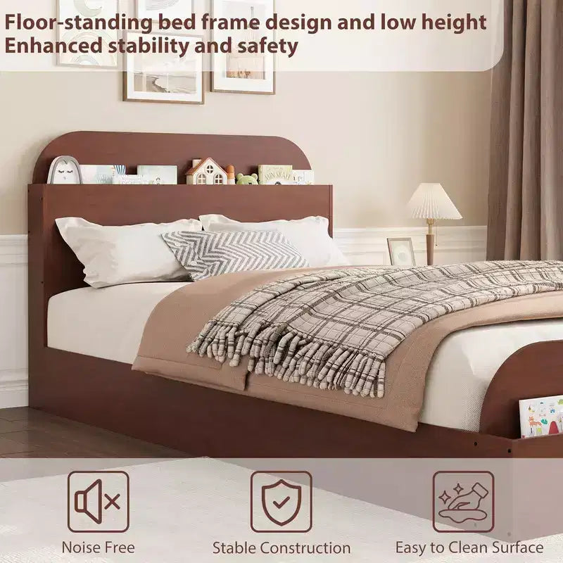 Twin XL Size Bed Frame, Wooden Beds with Storage Headboard and Raised-Footboard, Twin XL-Floor Low Platform Bed for Bedroom