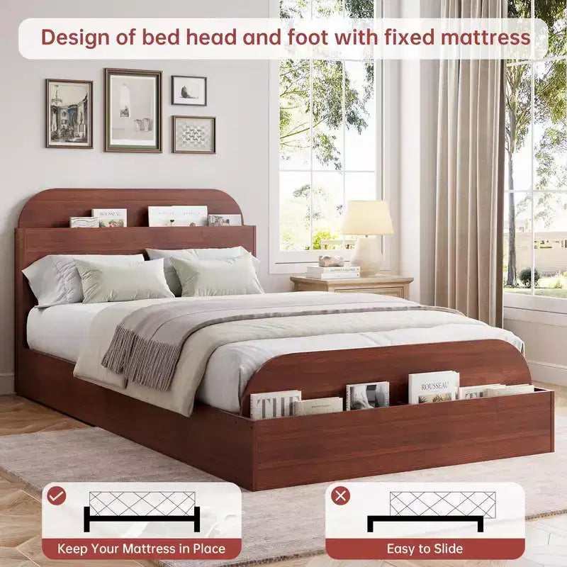 Twin XL Size Bed Frame, Wooden Beds with Storage Headboard and Raised-Footboard, Twin XL-Floor Low Platform Bed for Bedroom