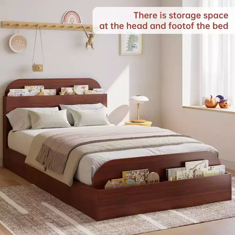 Twin XL Size Bed Frame, Wooden Beds with Storage Headboard and Raised-Footboard, Twin XL-Floor Low Platform Bed for Bedroom