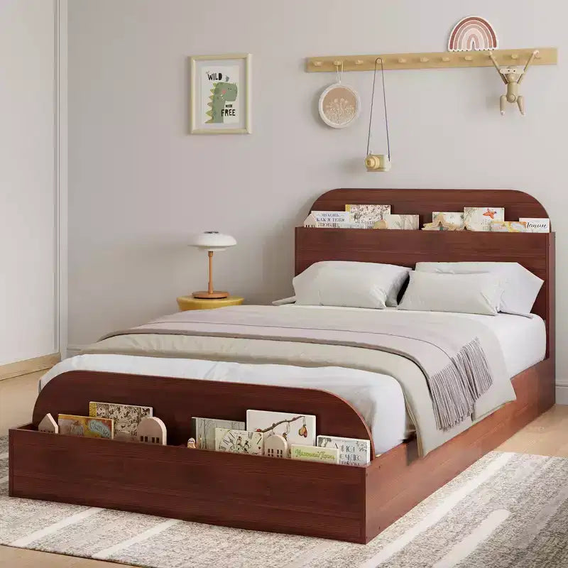 Twin XL Size Bed Frame, Wooden Beds with Storage Headboard and Raised-Footboard, Twin XL-Floor Low Platform Bed for Bedroom