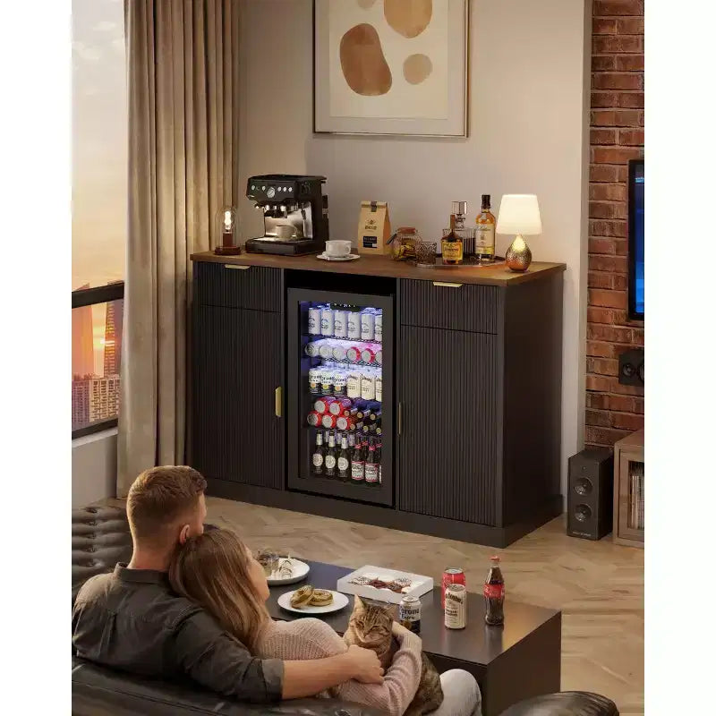 55 Large Coffee Bar Cabinet with Fridge Space, Modern Buffet Sideboard with Built-in Outlets for Living Room, Dining Room or Home Bar, Black