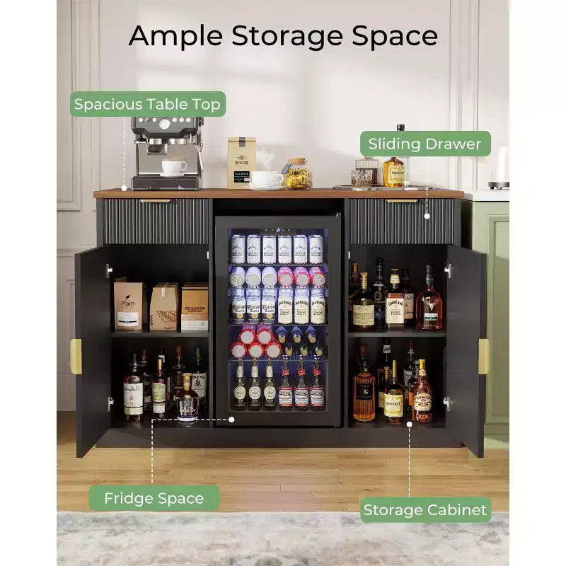 55 Large Coffee Bar Cabinet with Fridge Space, Modern Buffet Sideboard with Built-in Outlets for Living Room, Dining Room or Home Bar, Black