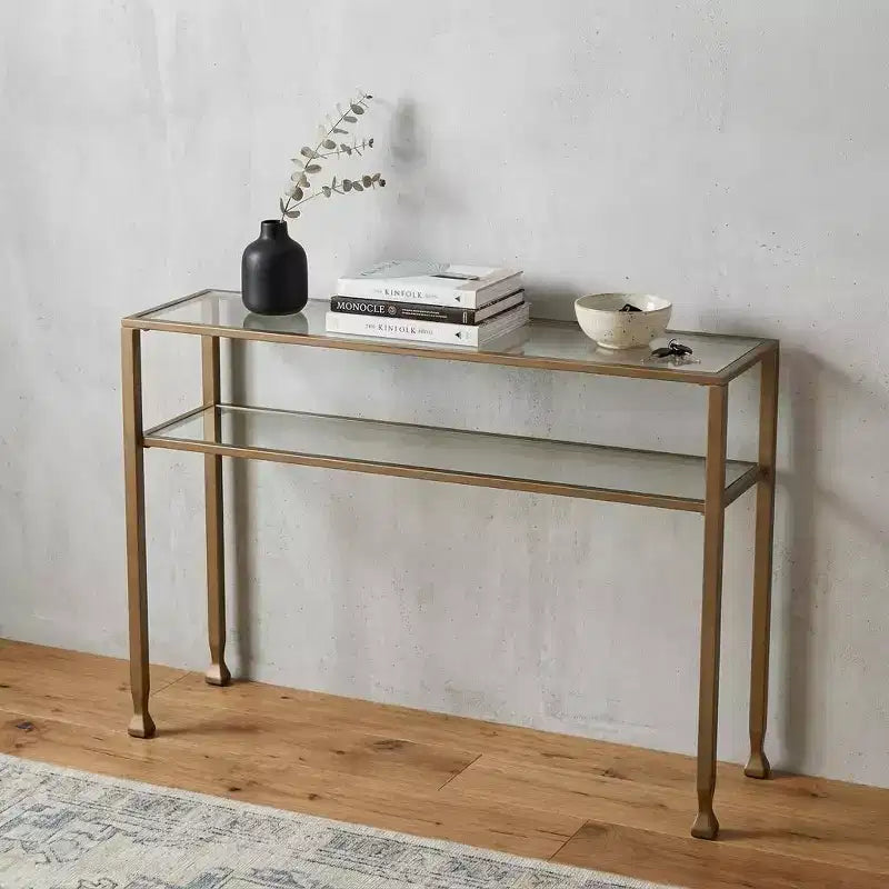 43 Clear and Gold Glass Console Table With Shelves