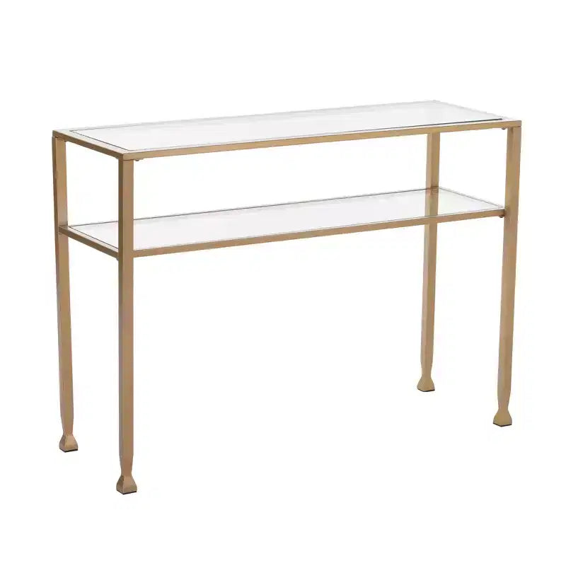 43 Clear and Gold Glass Console Table With Shelves