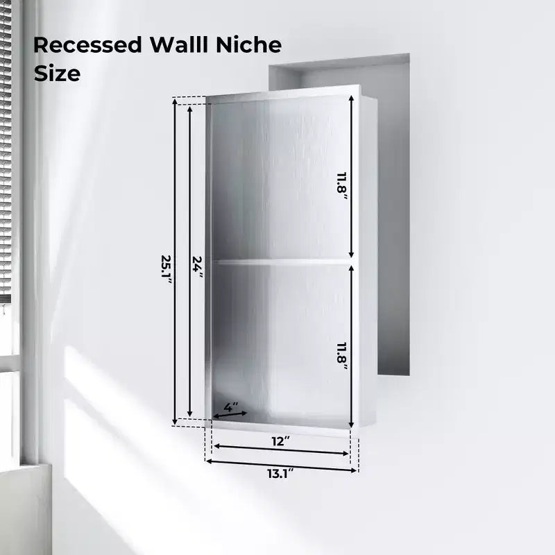 304 Stainless Steel No Tile Shower Niche, Waterproof Recessed Wall Shelf, Brushed Finish, for Bathroom Storage, Multiple Sizes & Compartments
